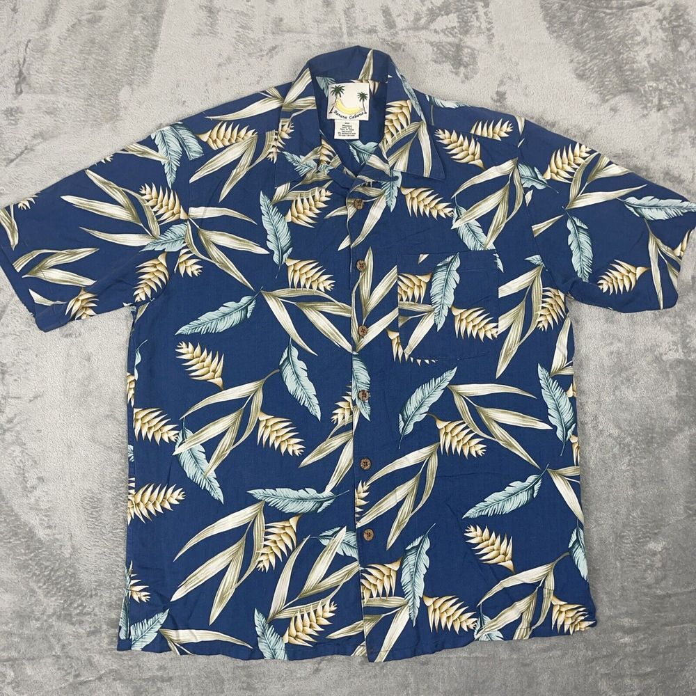 Banana Cabana SILK Shirt Mens Medium Blue Tropical Hawaiian Short Sleeve EUC